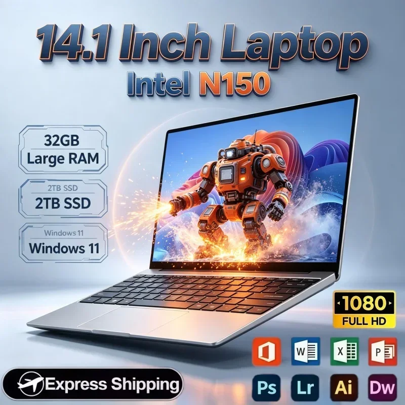 14.1 Inch Laptop Intel N150 Windows 11 32GB RAM 2TB SSD 1080P FHD IPS Display Netbook For Online Class Office Daily Game