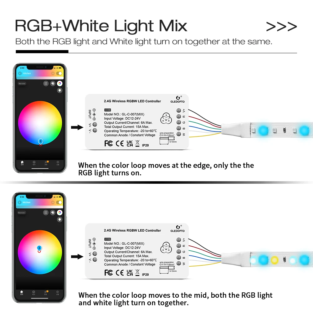 GLEDOPTO ZigBee LED Strip Controller RGBW Color White Light Mix RGB+White Mixture Homey Tuya SmartThings App Alexa Voice Control