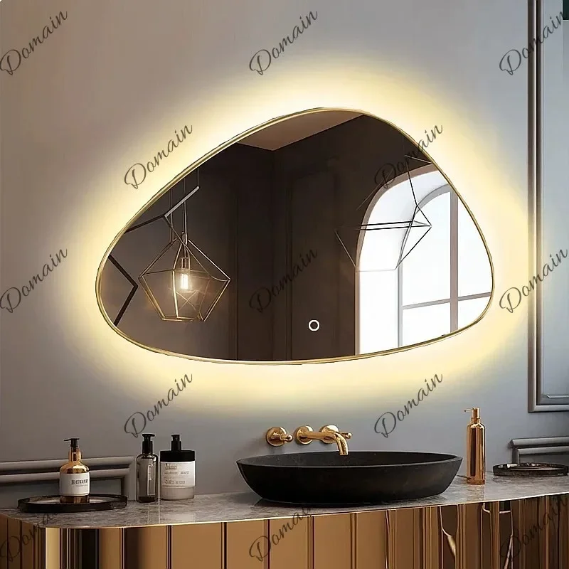 81 N Nordic modern bathroom LED luminous mirror creative gold special-shaped frame touch smart backlit bathroom mirror