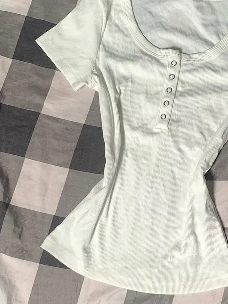 

Original Y2K Sexy Pure Desire White T-irt Summer Design Slimming Top for Women Casual Sle ort Sve Cotton Blend