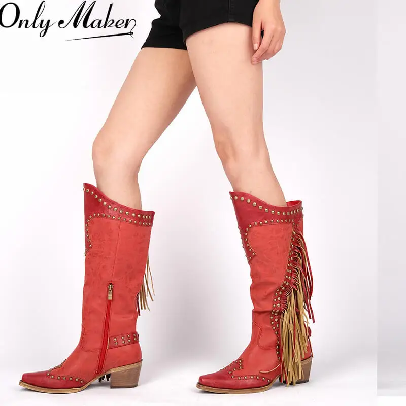 

Onlymaker Women Pointed Toe Side Zipper Knee High Boots Comfy Mid Calf Chunky Heel Fringe Western Boots