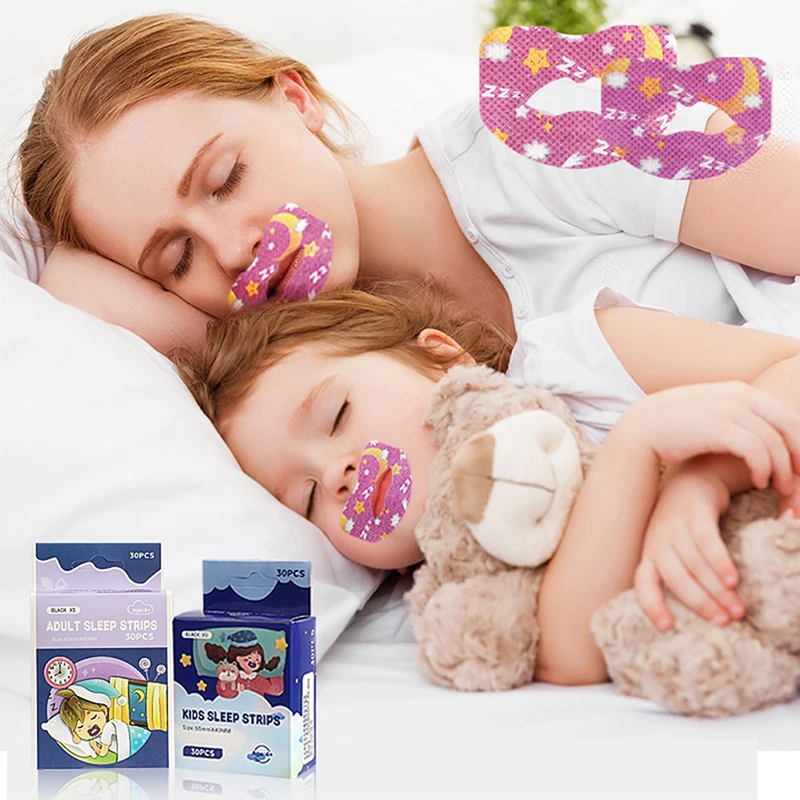 Stiker Anti dengkur untuk anak-anak dewasa, pita stiker koreksi mulut memperbaiki pernapasan hidung tidur malam 30 buah/boks