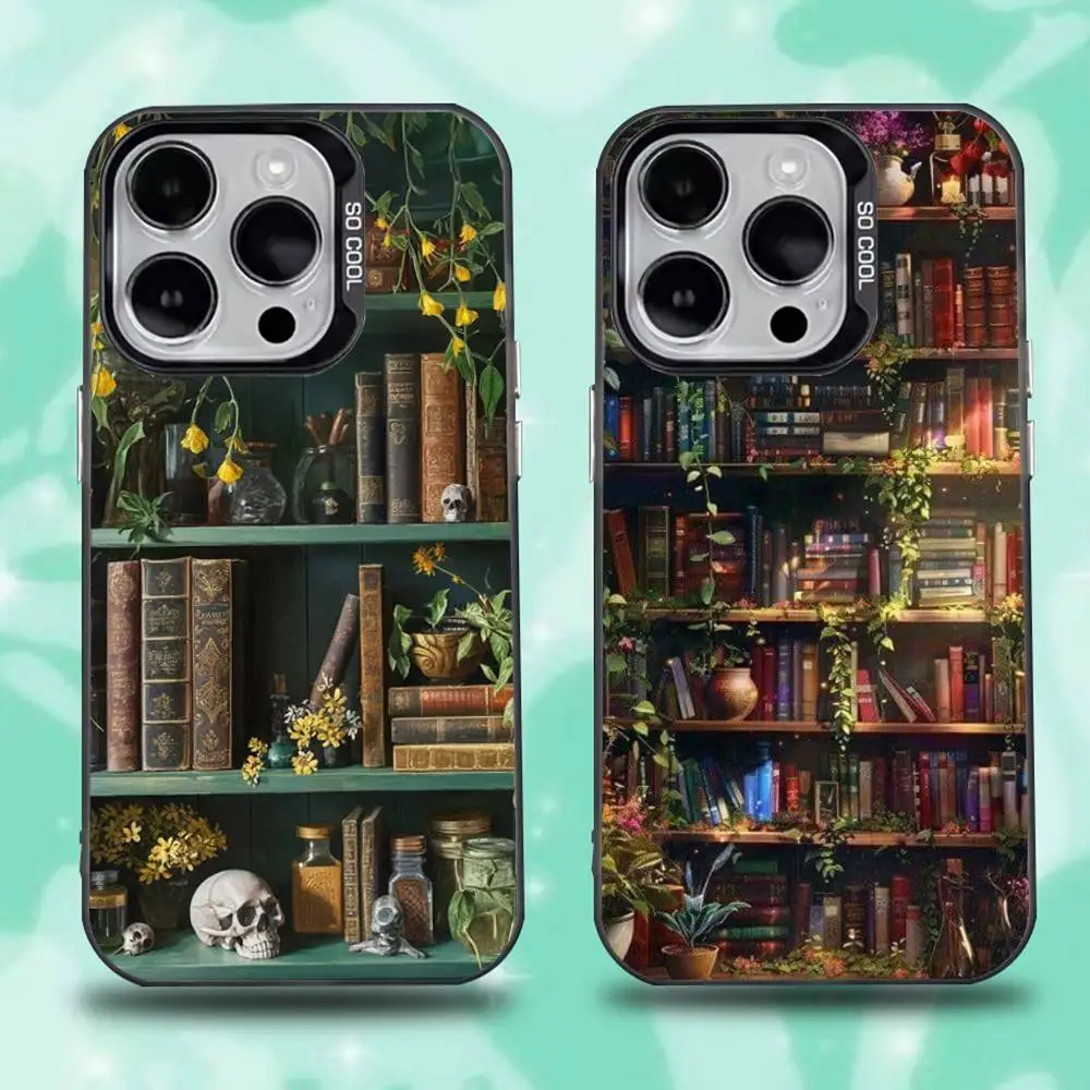Kreative Bücherregal-Handyhülle für iPhone 16,15,14,13,12,11, Mini, Pro, E, SE4, XS, MAX, schwarze Candy-Matte-Abdeckung