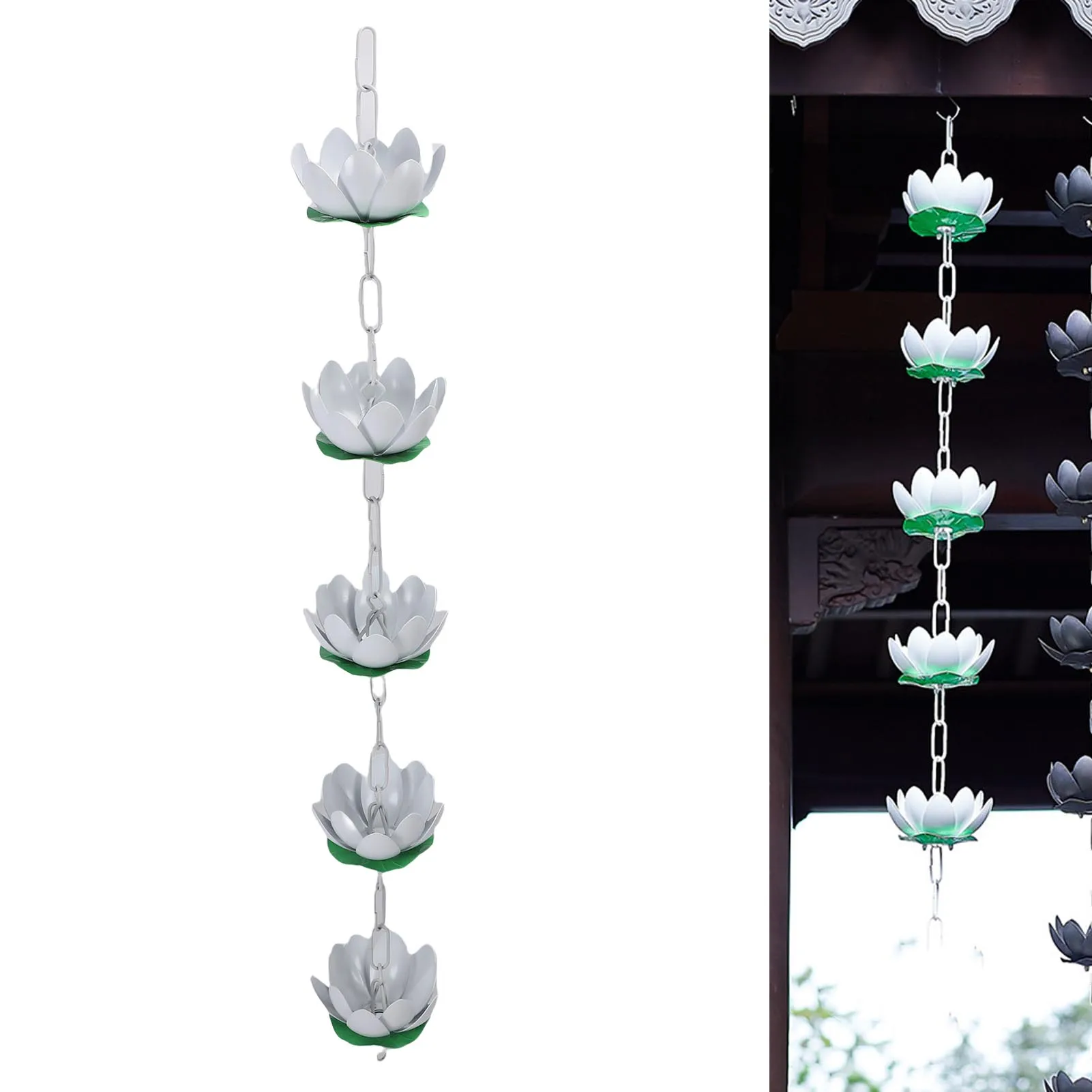 White 110cm Trench Drain Rain Chain Outside Gutter Rainwater Aluminium Catcher With Hooks 5 Flowers For Eaves