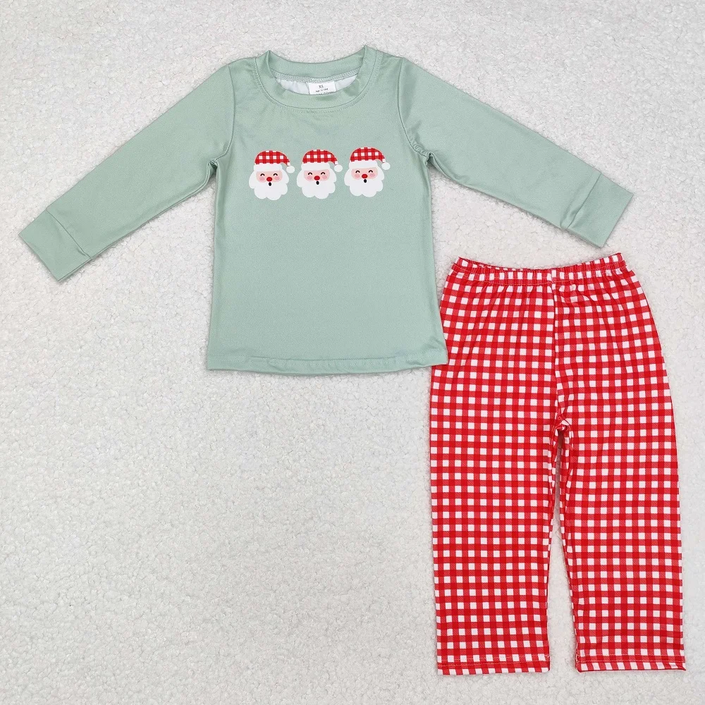 Winter Fashion Baby Boys Santa Claus Green Long Sleeve Top Red and White Plaid Pants Set Wholesale Boutique Children RTS