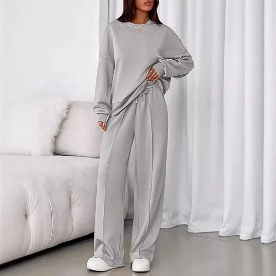2026 Two Piece Sets Women Full Sleeve Round Neck Sweatshirt Wide Leg Long Pant Set Lace Up Elastic Waist Y2k Streetwear Sport