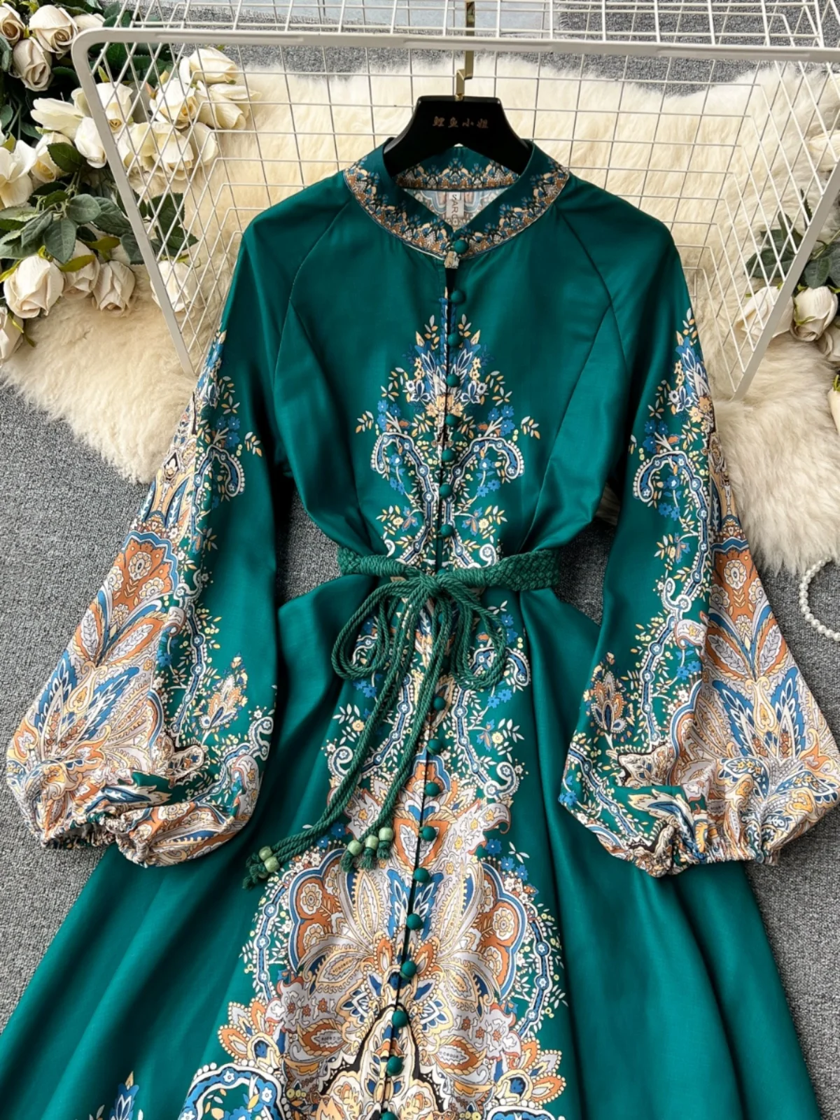 Ele Retro Print Long Sve Women's Dr Single Button Waist Cinch Luxury A-Line Midi Skirt Commute Korean Sle Autumn ...