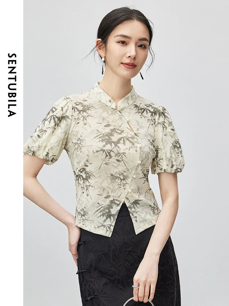 

SENTUBILA Chinese Style Printed Cropped T-shirt 2024 Summer Stand Collar Split Slim Elegant Puff Sleeve Womens Tops 142T54612