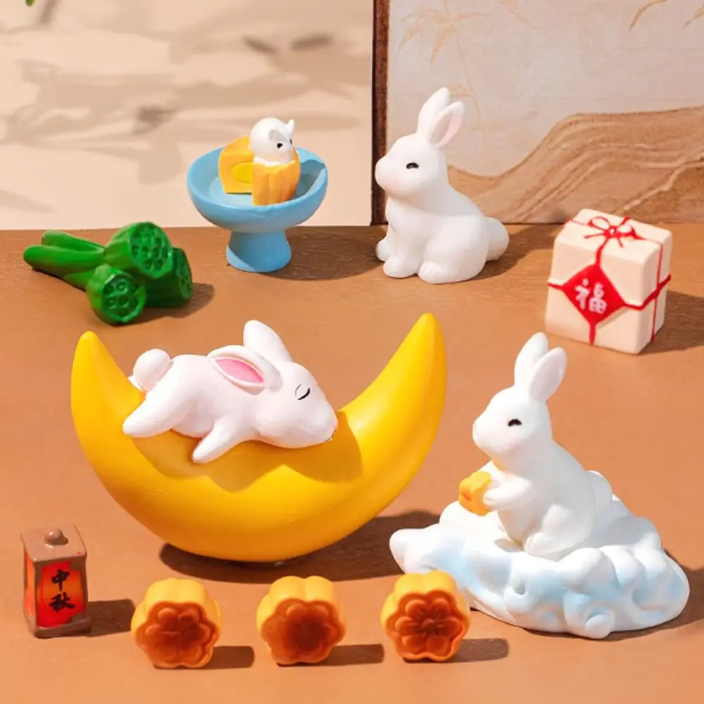 Cute Moon Cake Rabbit Miniatures Chinese Style Resin Crafts Mid-Autumn Rabbit Ornaments Realistic DIY Micro Landscape Decoration