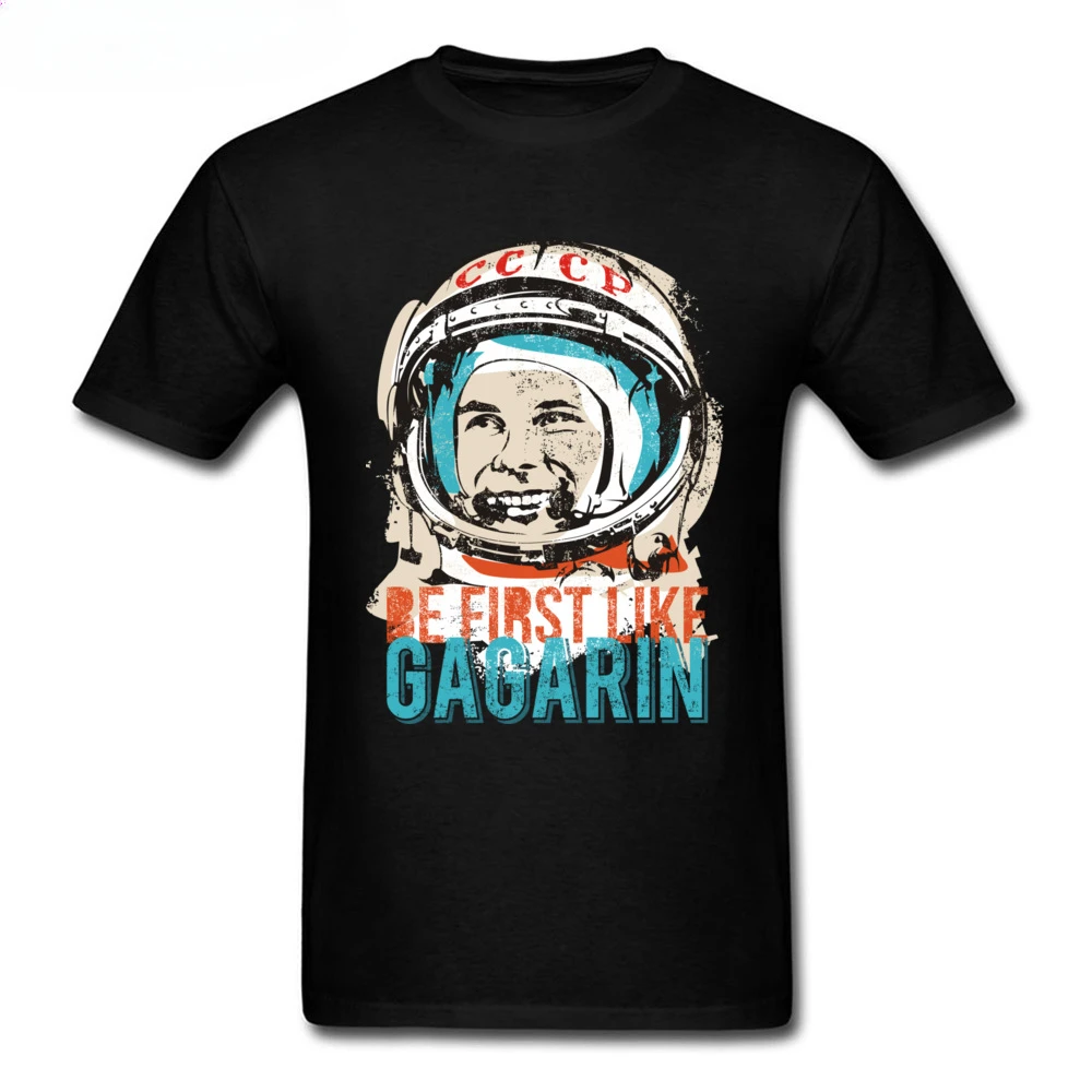 Cheavyweight  Brand New 2018 Be First Like Gagarin Men's Shirts Teen T  Black Short Sleeve Cartoon Character Printed Vintage