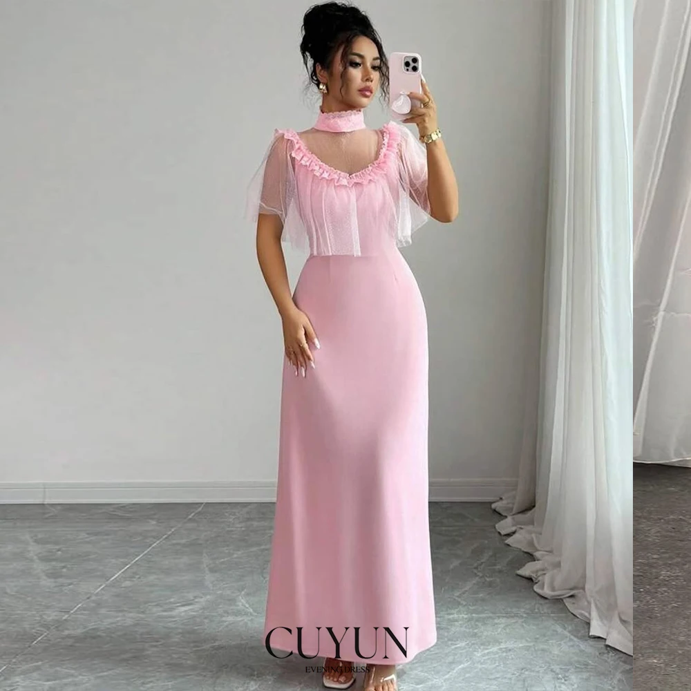 فساتين سهرة شبه مكشكشة ذات ياقة عالية من CUYUN بطول الكاحل فستان أنيق للحفلات مخصص للحفلات العشاء