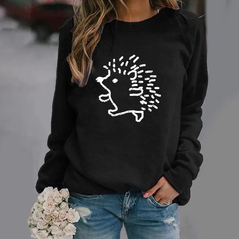 

Cute Hedgehog Pattern Print Long Sleeve Sweater Fall Women's Casual Cute Round Neck Pullover Top