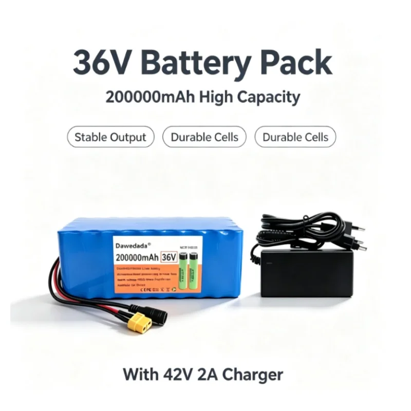 10S4P 36V 18650 Lithium-Akku-Pack mit Ultra-Großer Kapazität 200000mAh, Wiederaufladbarer Akku mit XT60-Anschluss & 42V-Ladegerät, Kompatibel mit Elektrofahrrädern und -Rollern