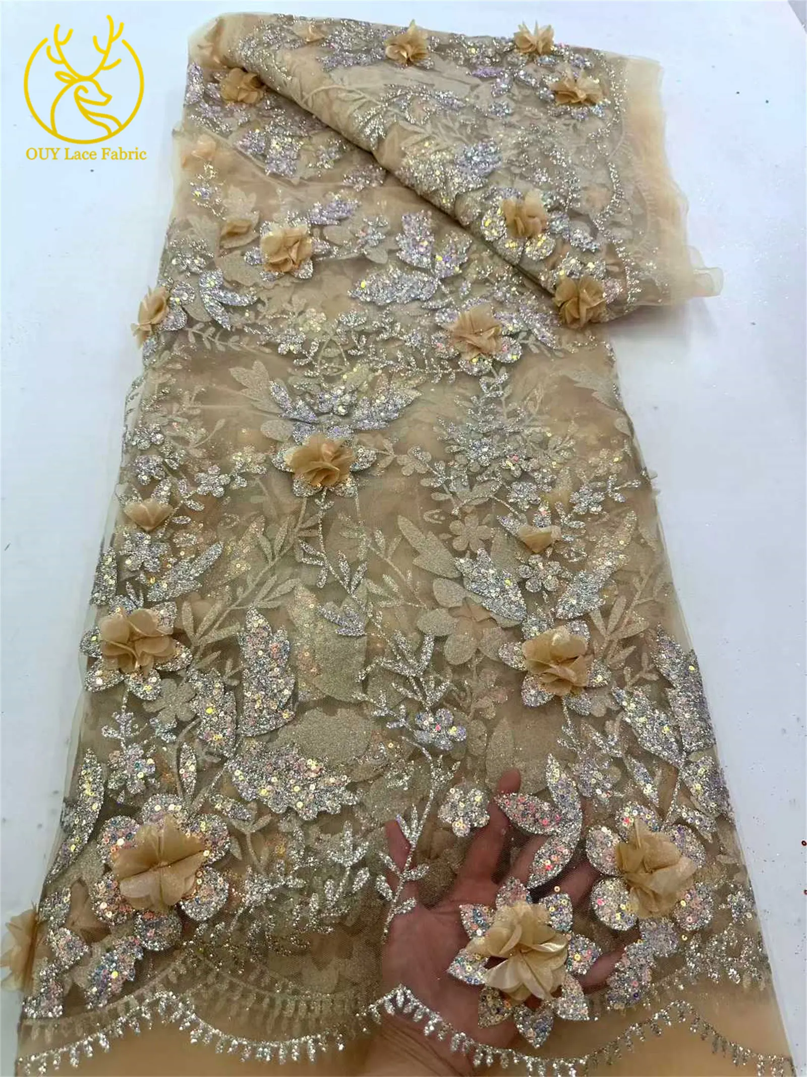 3D-Blumen Afrikanischer Spitzenstoff Roter Nigerianischer Pailletten-Spitzenstoff 2026 Hochwertiger Französischer Tüll-Spitzenstoff für Hochzeitskleider – Detail 8