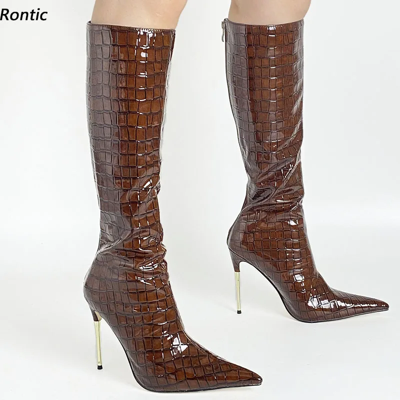 

Rontic, женские зимние сапоги ручной работы с каменным узором, унисекс, металлические каблуки с острым носком, красивая коричневая обувь для вечеринок, размер США 5-13