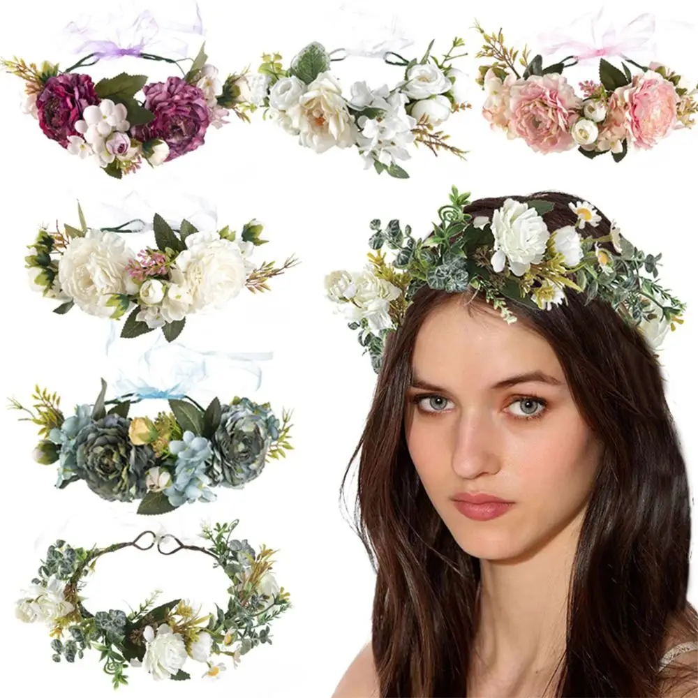 مهرجان البوهيمي الزفاف زهرة تاج صور الدعائم الوردي الأخضر ورقة الأزهار خوذة أغطية الرأس للنساء الفتيات