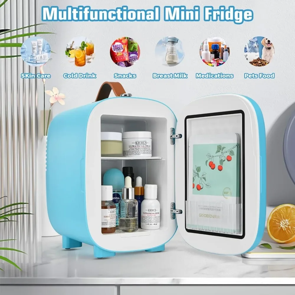 

Mini Fridge For Bedroom Skincare Cooler & Warmer Portable Small Refrigerator 4 Liter/6 Can,12v AC/DC/USB Option For Food, Drinks