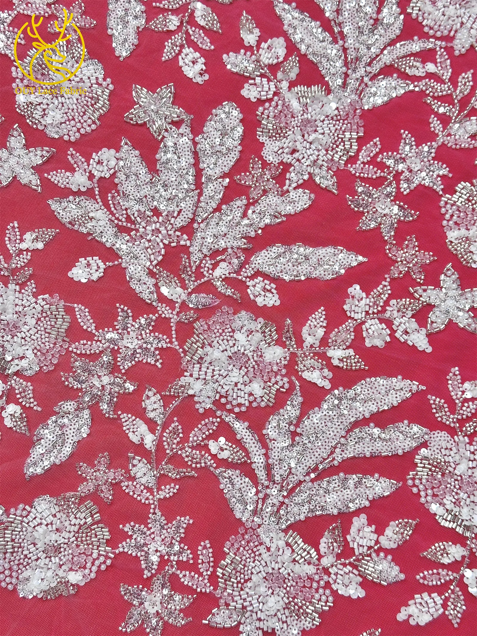 Modischer nigerianischer bestickter Perlen-Spitzenstoff, eleganter afrikanischer Pailletten-Netzstoff für Brautkleider und Partykleider zum Nähen – Detail 14