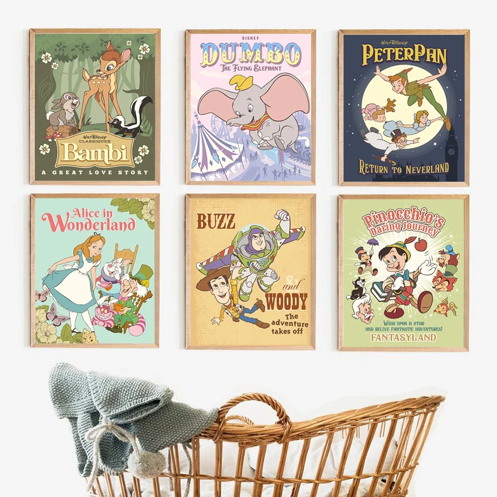 Vintage Disneyland Poster Canvas Painting Peter Pan, Dumbo, Bambi, Alice in Wonderland Art Prints Nursery Kids Room Wall Decor