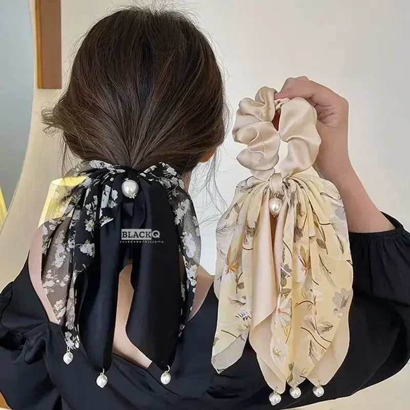 Cinta Larga con estampado elegante para mujer, bandana elástica de satén para cola de caballo, lazo para niña, bandas para el cabello con perla, lazo para el cabello bohemio