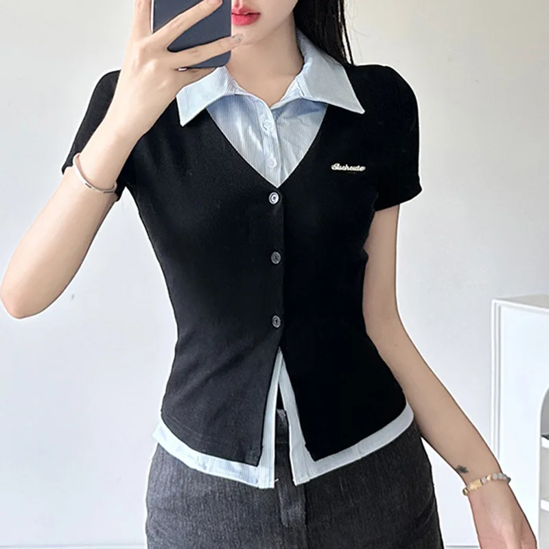 

Vintage Patchwork Fake Two Pieces Crop Tops Women Casual Turn-down Collar Slim Short Sleeve Tees Sweet Preppy Style T-shirts Y2K