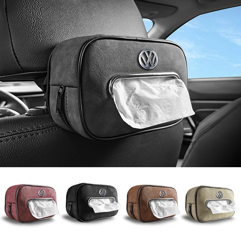 

Suede Car Interior Tissue Box Seat Back Hanging Bag Metal Logo For VW GTI Polo Golf Passat Tiguan Arteon Touareg Taigo Caddy GTD