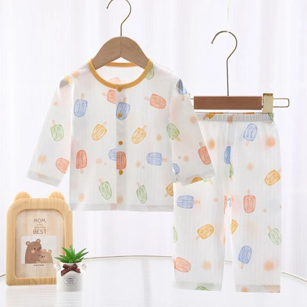 Baby Girl Outfit Set Summer Thin Long Sleeve Tops Pants Two Pieces Air Conditoning Baby Boy Clothing Sets