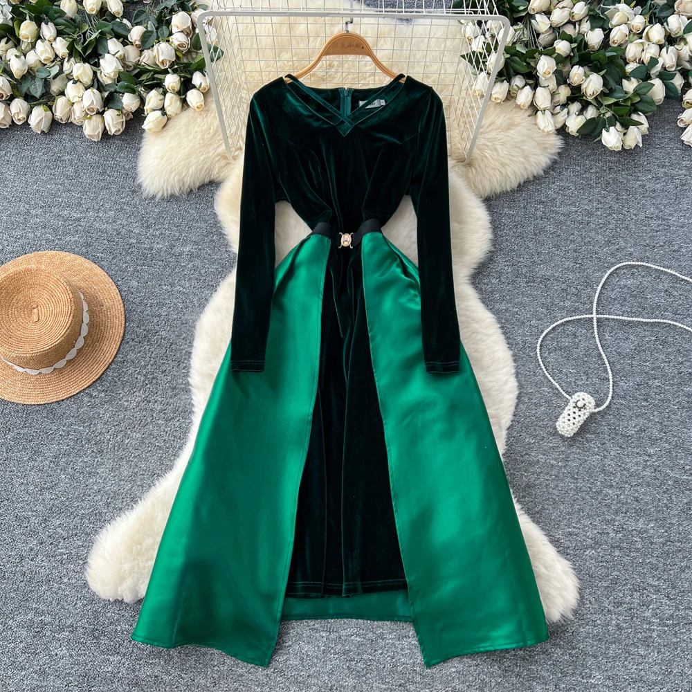 Abito retrò elegante a maniche lunghe in velluto scavato Abito casual a vita alta Abiti da cerimonia da donna