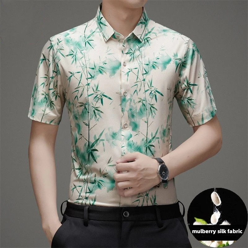 Mulberry Silk Fabric Hawaii Shirts Men Business Anti Wrinkle Shirt Antibacterial Moisture Wicking High End Luxurious Casual Tops