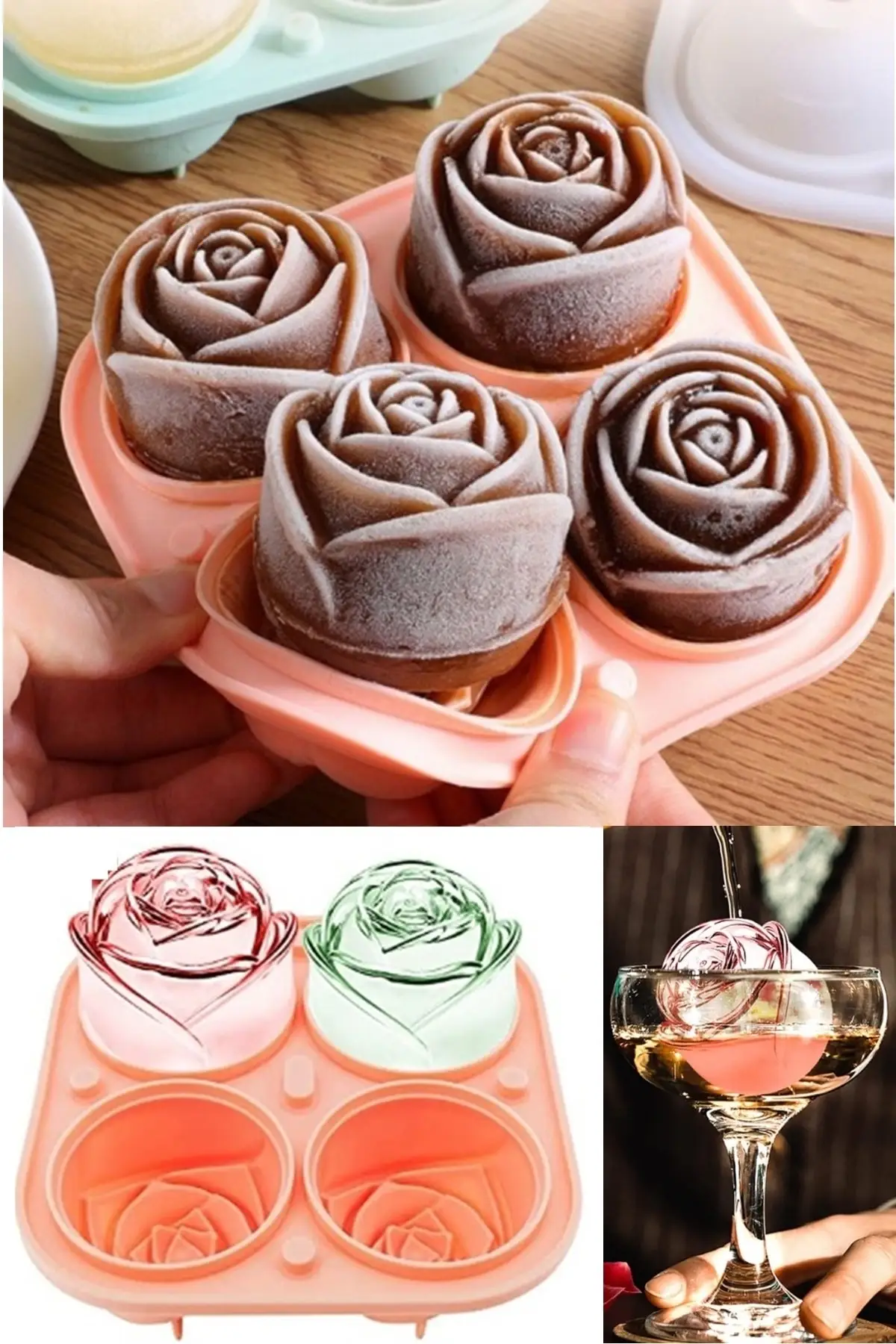 4-Piece Rose Shaped Ice Mold 3-D Cute Cocktail Ice Rose Shaped Silicone Large Ice Balls