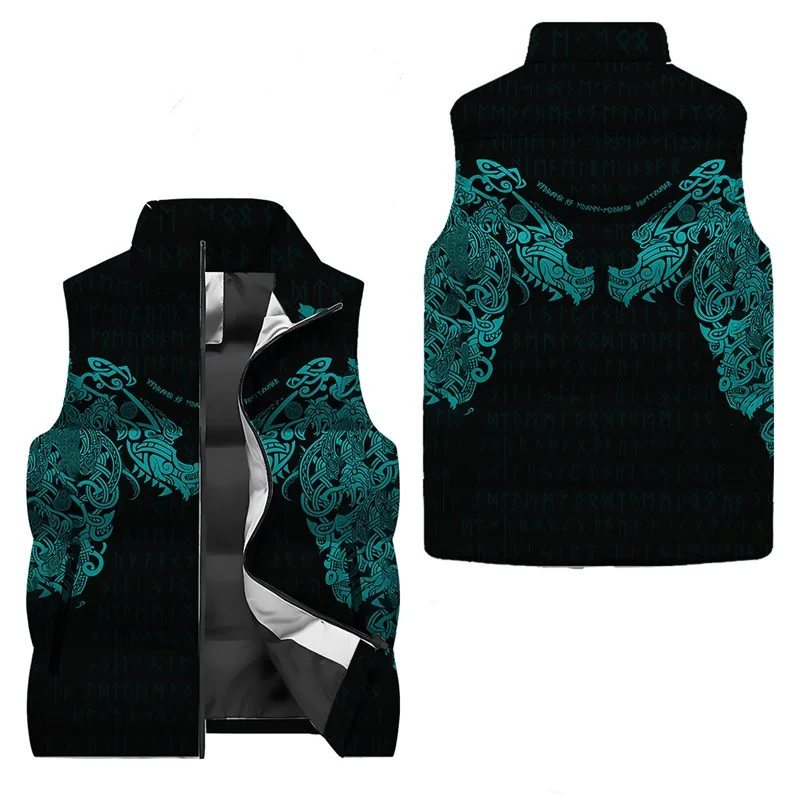 2025 Men's Autumn/Winter Viking Eagle Tattoo 3D Printed Jacket, Casual Fashion Hip Hop Thick Windproof Sleeveless Jacket