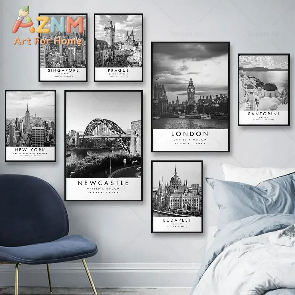 AZNM Black White World City Landscape Canvas Wall Art Malta Sao Paulo Sydney Krakow Tunis Padstow Travel Poster Home Decor Unfra