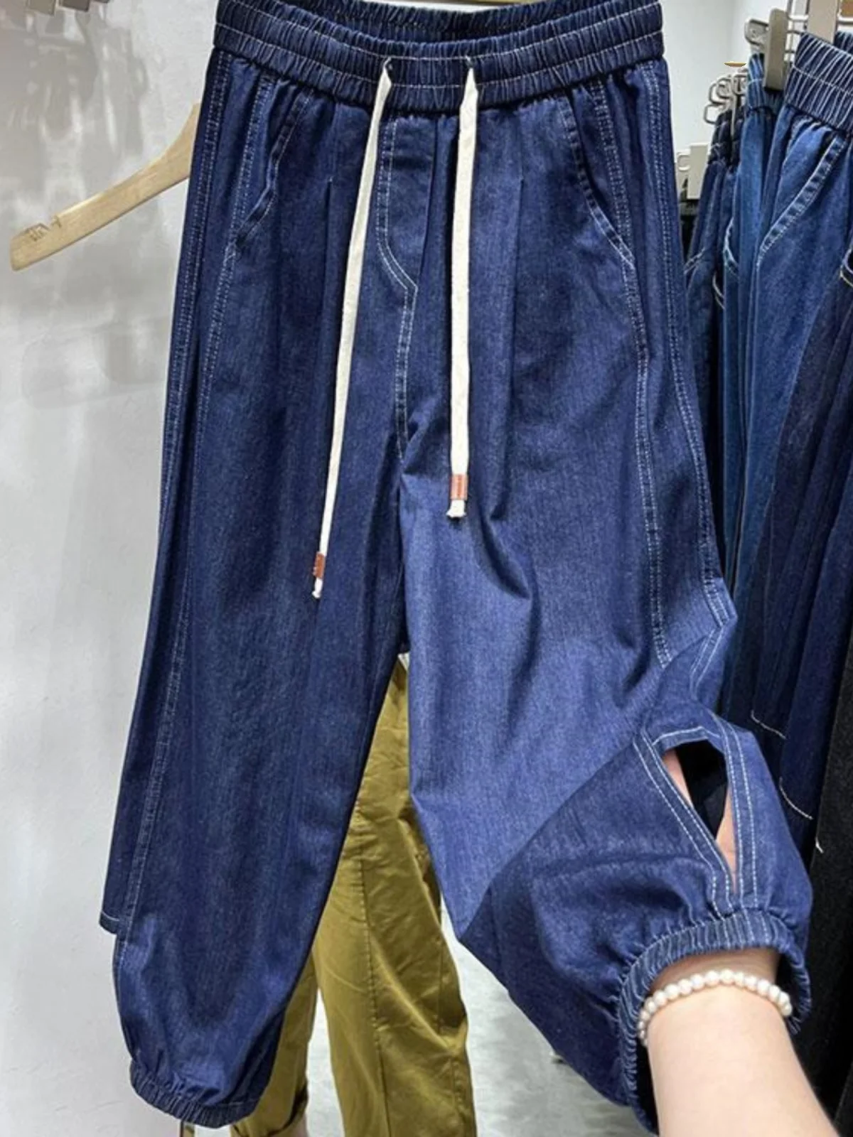 

Женские джинсовые брюки больших размеров с высокой талией, летние свободные утягивающие брюки-шаровары в корейском стиле, повседневные брюки длиной 7/8