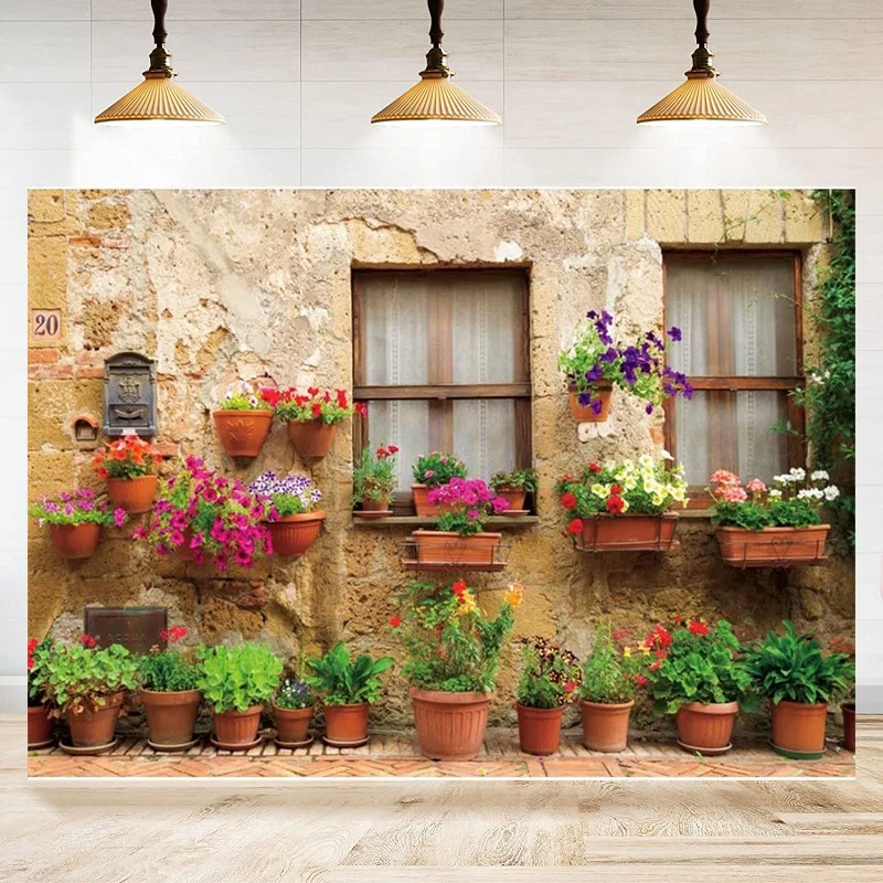 Italian Pastoral Town Street Window Potted Plant Flowers Photography Backdrop Valentine's Day Photo Background Banner