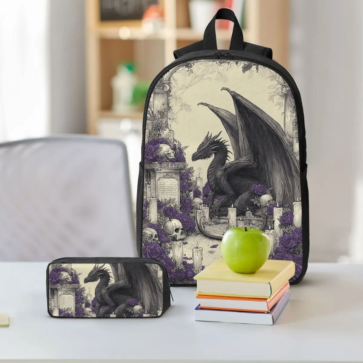 Majestic Black Dragon Among Roses Backpack Student BookBag School Bag Shoulder Bags 3ps Insulated Lunch Bag Pencil Case