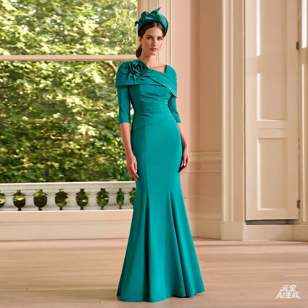 Trumpet Mother of the Bride Dresses for Weddings 3/4 Sleeves Mermaid Wedding Guest Gowns Long Beaded Flower Women's Evening Gown