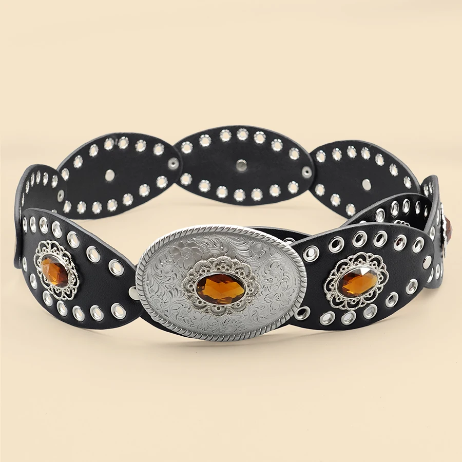 Black Vintage European Style Women's Belt - Rhinestone Inlaid Openwork Carving Design, Wide Fashion Waist Accessory
