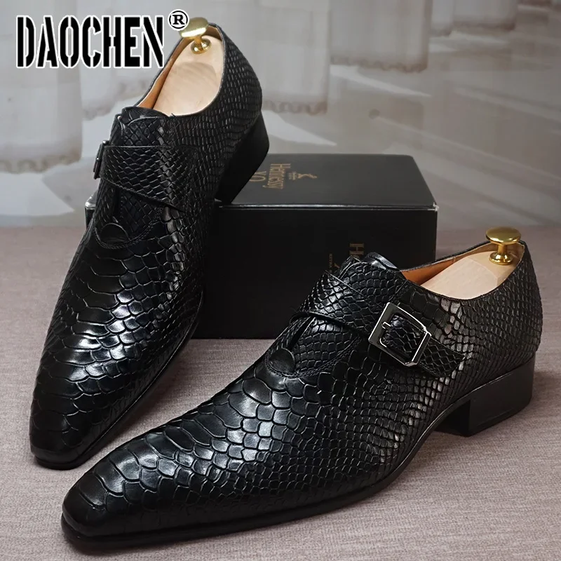 Luxury Men\'s Loafers Dress Shoes Snake Prints Formal Men Casual Shoes Black Brown Monk Loafers Office Wedding Leather Shoes Men