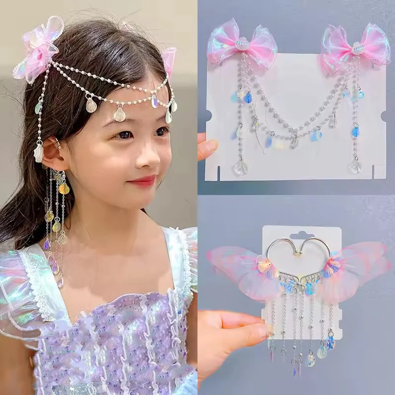 Sweet Tassel Hairclip Ear Hooks Set for Girls Kids Mermaid Elf Ear Cuffs Fairy Princess Non-Pierced Earrings Colorful Headwear