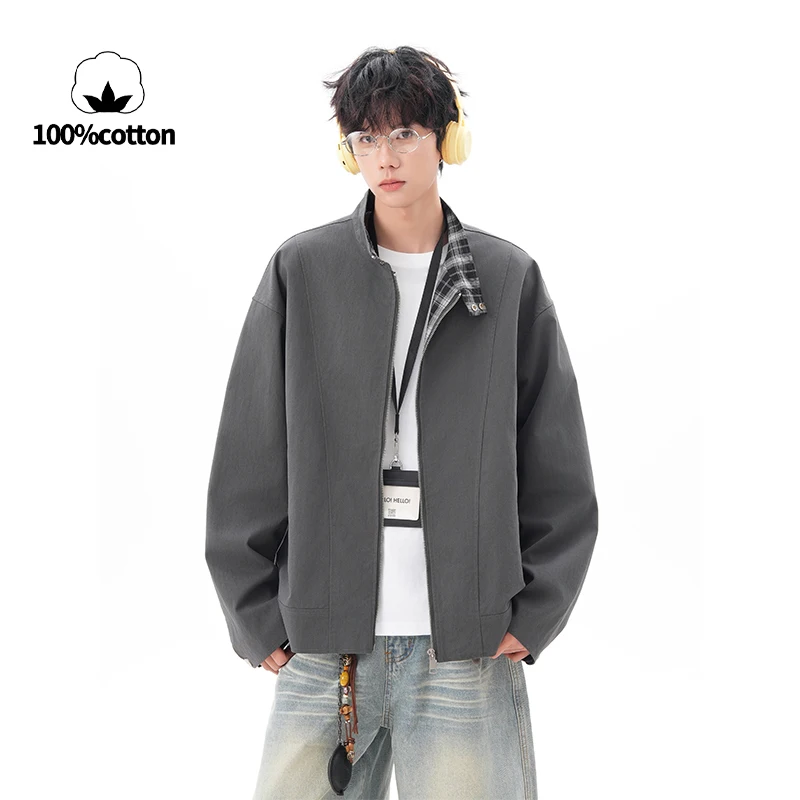 

100% хлопок, высококачественная однотонная деловая повседневная мужская классическая куртка с воротником-стойкой, дышащая куртка. Большой размер.