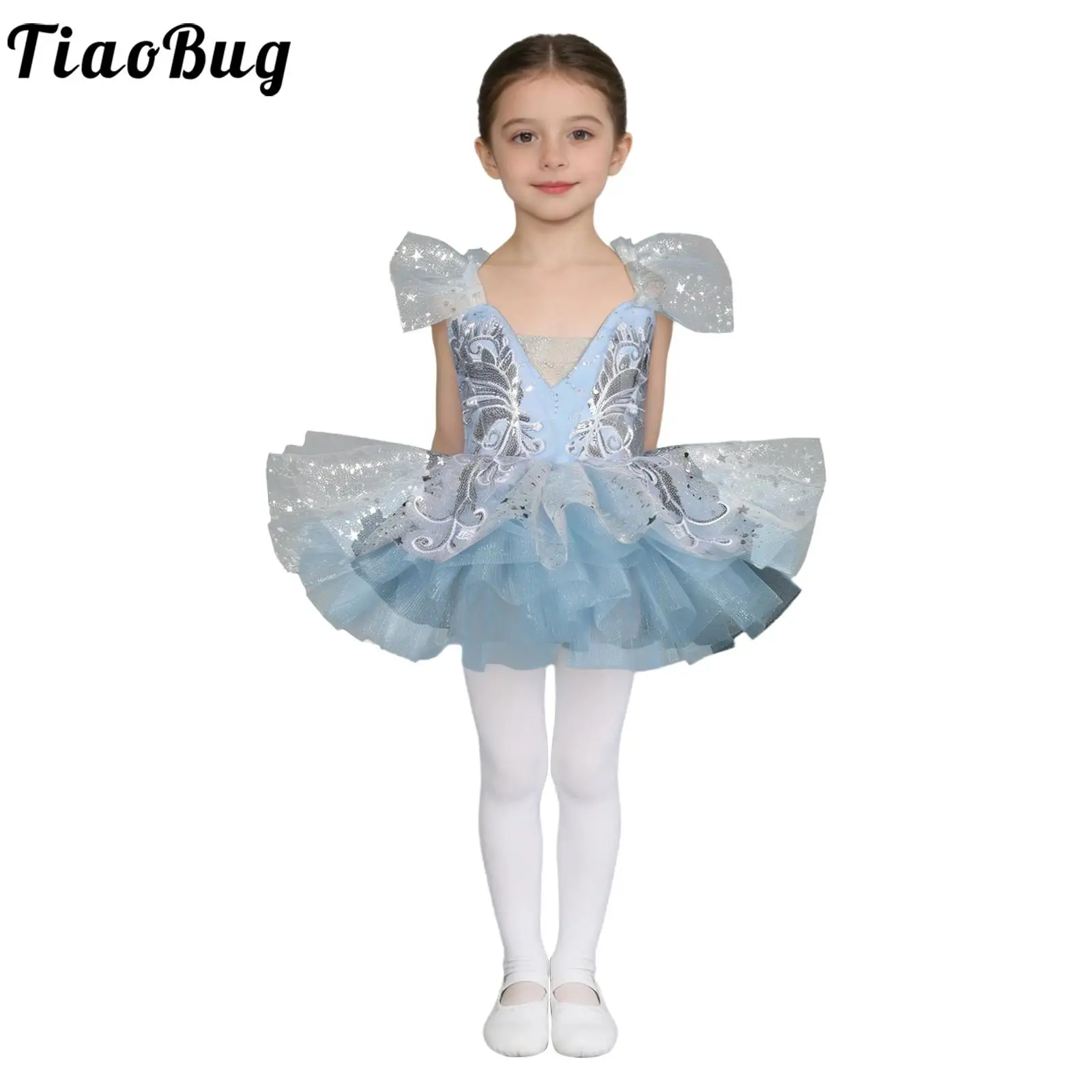 Kids Girls Ballet Dance Performance Profession Outfit Ruffled Sleeves Shiny Sequin Applique Princess Dress with Head Wear Cuffs