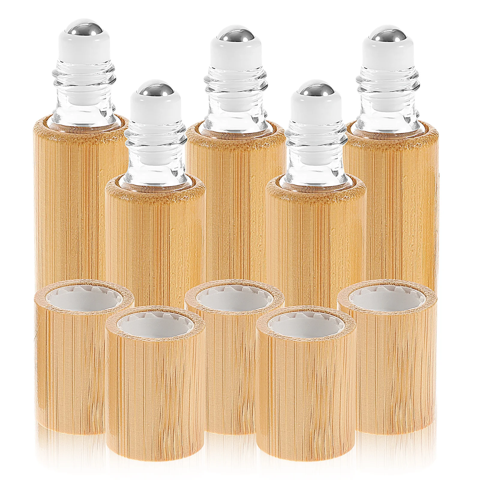 5 個の竹製ロールオンボトル厚くて滑らかな漏れ防止エッセンシャルオイルボトルポータブルトラベルローラーボールボトル詰め替え可能サブ