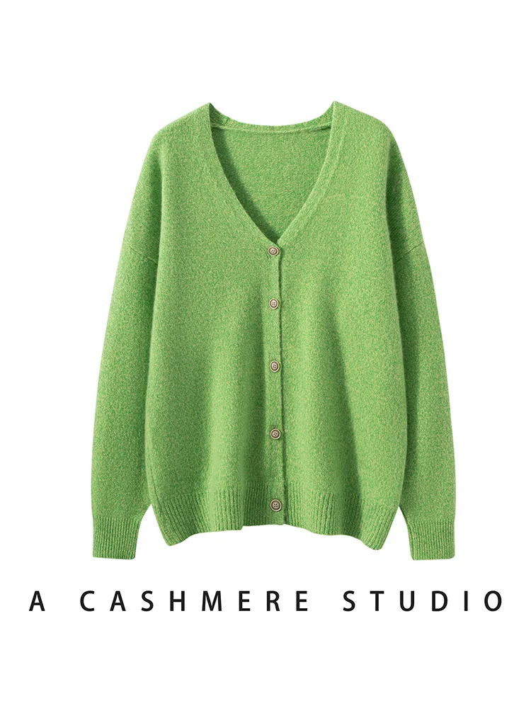 

MEETCC Women's 100% Cashmere V Neck Flower Yarn Cardigan Autumn Winter Cashmere Colorful Knitted Coats Buttoned Loose Sweaters