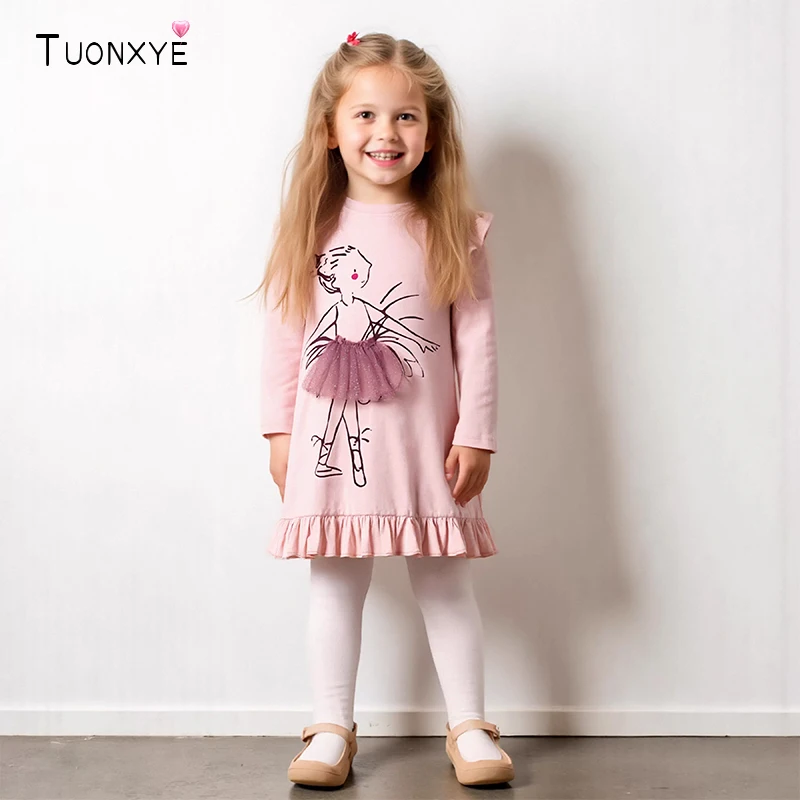 TUONXYE Girls Cotton Dresses Cartoon The Ballet Dancer Appliques Kids Girls Short Sleeve Dress Spring Autumn Children's Costumes