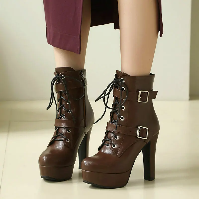 

Lace-up Cross-tied Punk Gothic Thick High Heels Stiletto Bootie Buckle Strap Platform Ankle Boots Winter Women's Shoes Size 46