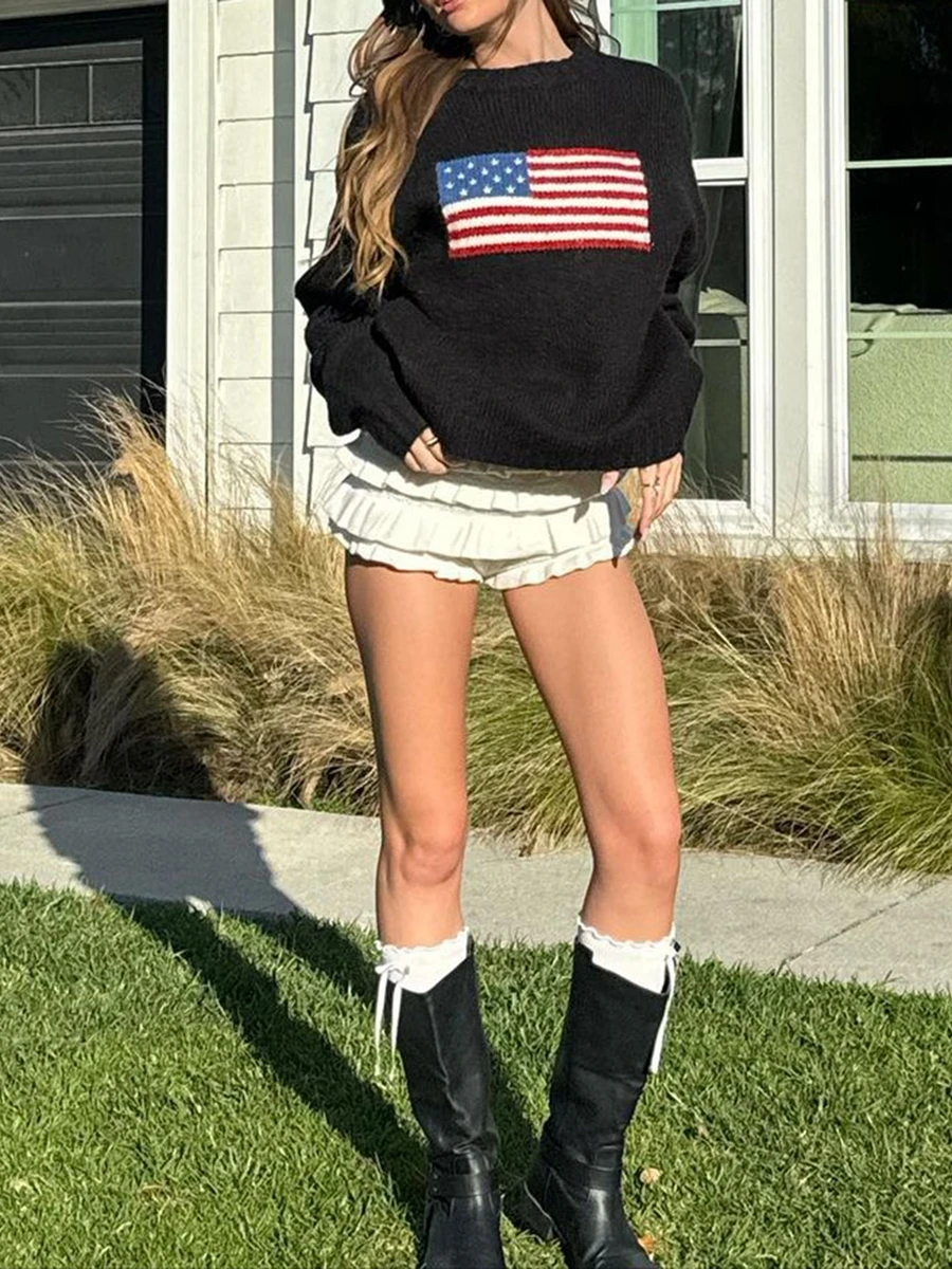 

Women s Vintage American Flag Print Sweatshirt Long Sleeve Round Neck Loose Pullover Autumn Winter Tops Patriotic Fashion