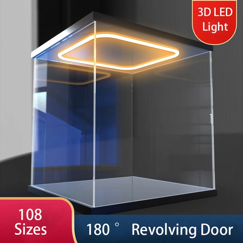 

3D Ring LED Light Acrylic Display Case with Door for Collections, Assemble Dustpdoof Storage Box for Action Figure and Car Model