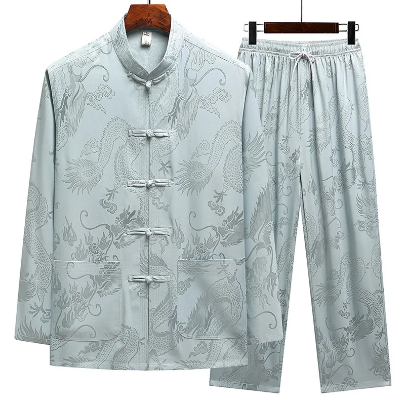 Long Sleeved Satin Tang Suit Retro Dragon Printed Shirt Men's Chinese Traditional Morning Exercise Costume Vintage Button Outfit