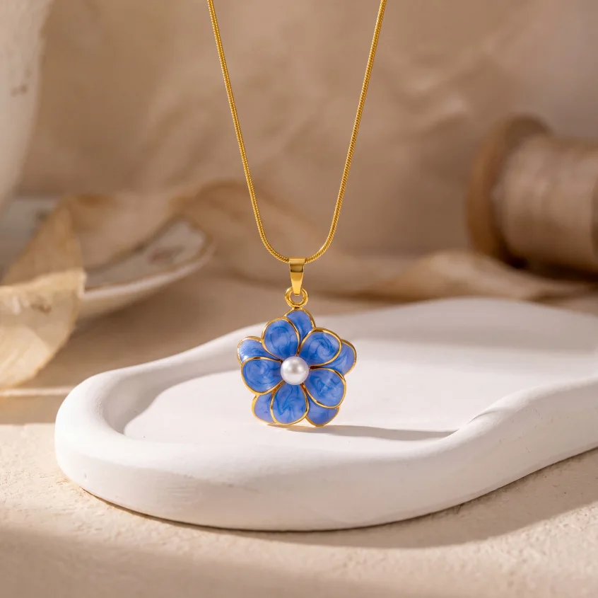 DIEYURO Stainless Steel Vintage Blue Enamel Flower Inlay Pearl Pendant Necklace For Women Floral Neck Chain Elegant Jewelry Gift