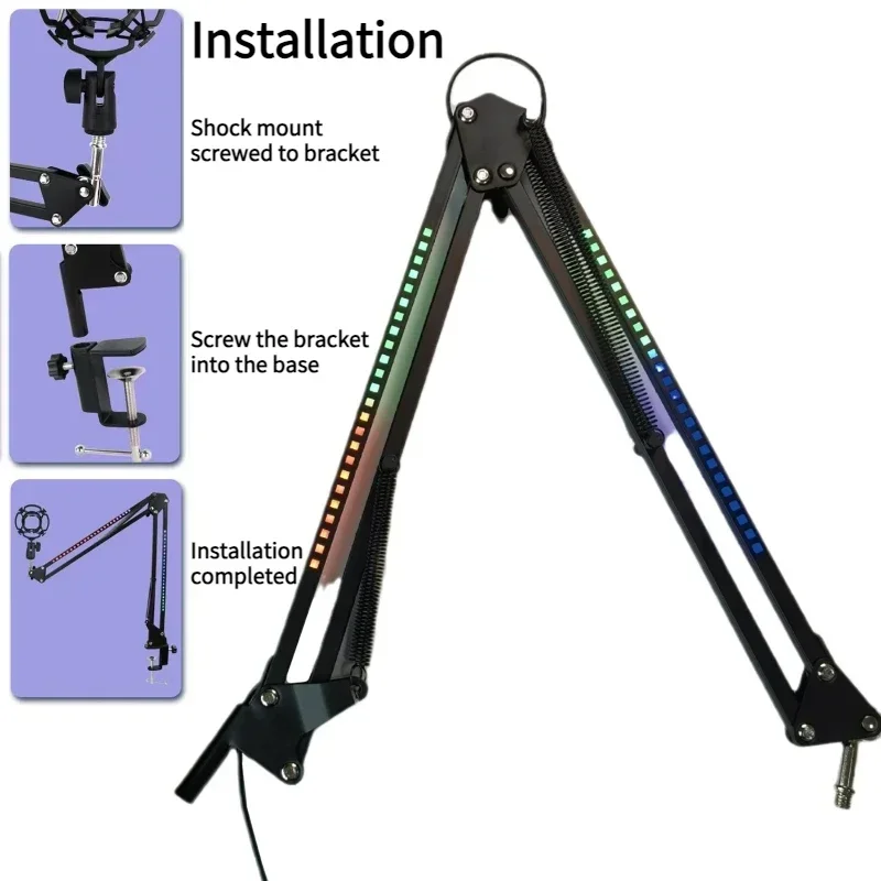 Staffa per microfono Supporto per braccio per microfono RGB con supporto a forbice con braccio a sospensione girevole con luce RGB per podcast streaming Youtube